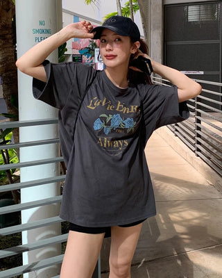Pigmented floral print loose half-length T-shirt