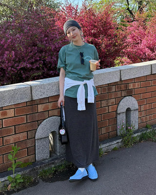 Wide-waist slim striped maxi skirt