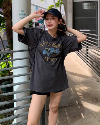 Pigmented floral print loose half-length T-shirt