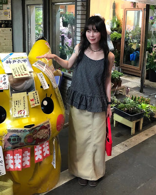 Checked shirred sleeveless blouse