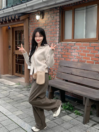 [3 colors] Cotton pleated wide-leg pants