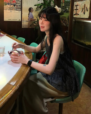 Checked shirred sleeveless blouse