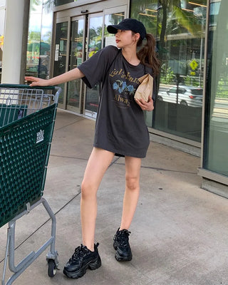 Pigmented floral print loose half-length T-shirt