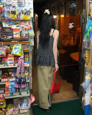Checked shirred sleeveless blouse