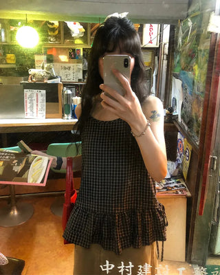 Checked shirred sleeveless blouse