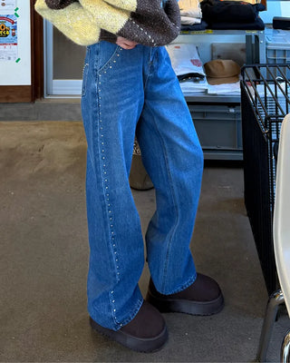 Stud Point Wide Semi-Bootcut Denim Pants