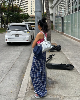 Waist two-tone check seersucker wide pants