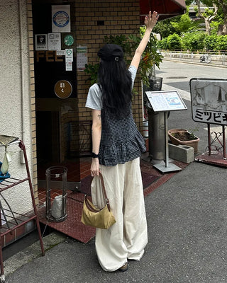 Checked Shirring Sleeveless Dress