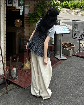 Checked Shirring Sleeveless Dress