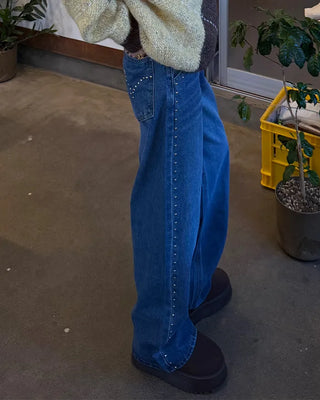 Stud Point Wide Semi-Bootcut Denim Pants