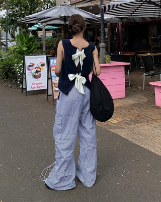 Long drawstring striped cargo pants