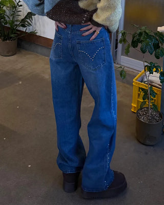Stud Point Wide Semi-Bootcut Denim Pants