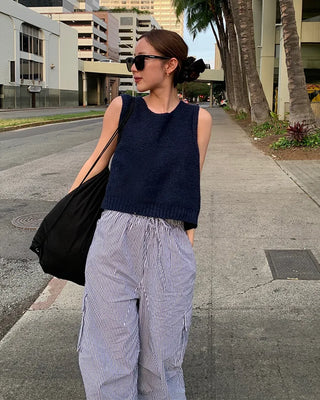 Long drawstring striped cargo pants
