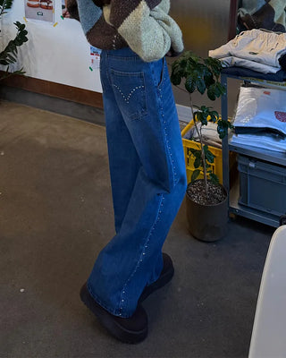 Stud Point Wide Semi-Bootcut Denim Pants