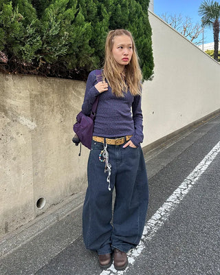 Striped wide summer denim pants