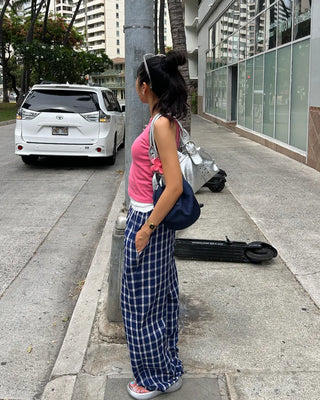 Waist two-tone check seersucker wide pants