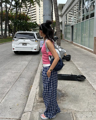 Waist two-tone check seersucker wide pants