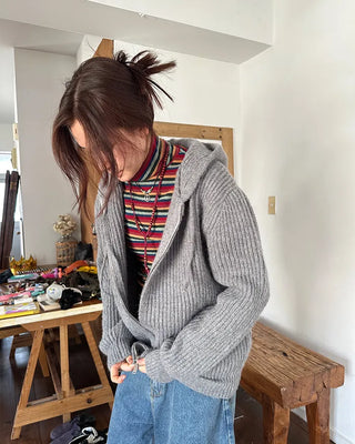 (Unisex) Rib-Knit Zip-Up Hoodie