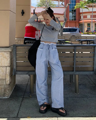 Drawstring Waist Graph Check Wide Pants