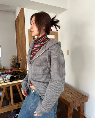 (Unisex) Rib-Knit Zip-Up Hoodie