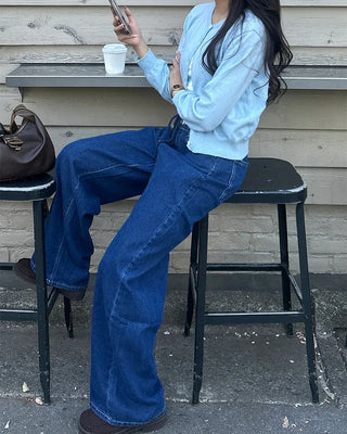 Straight denim pants with drawstring waist