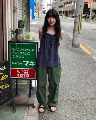 Checked shirred sleeveless blouse