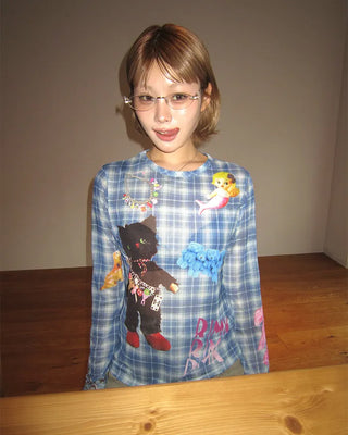 Unique Print Tartan Check Long T-Shirt