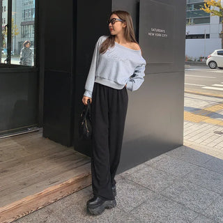 Velour wide-leg elastic waist pants