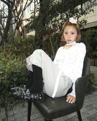 Tie-set lace jewel neck mini flower ribbed long T-shirt