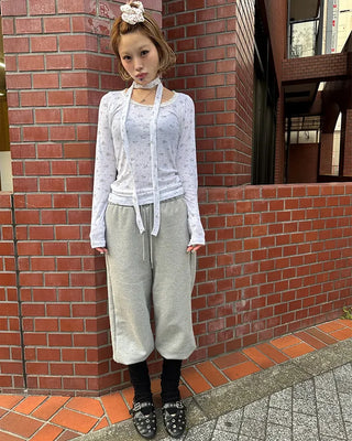 Tie-set lace jewel neck mini flower ribbed long T-shirt