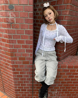 Tie-set lace jewel neck mini flower ribbed long T-shirt