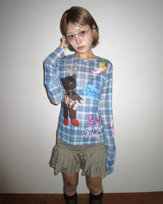 Unique Print Tartan Check Long T-Shirt