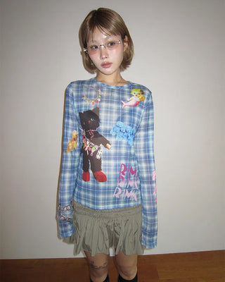 Unique Print Tartan Check Long T-Shirt