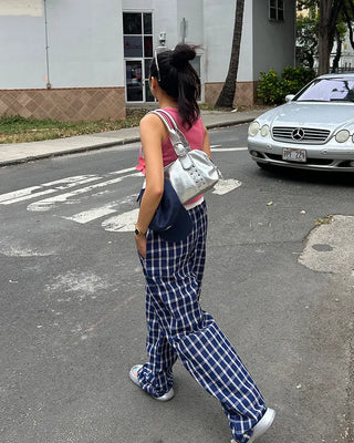 Waist two-tone check seersucker wide pants