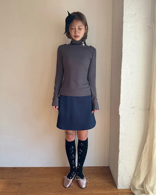 Button stand neck ribbed slim long T-shirt