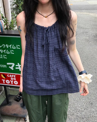 Checked shirred sleeveless blouse