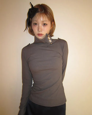 Button stand neck ribbed slim long T-shirt