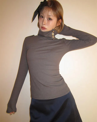 Button stand neck ribbed slim long T-shirt