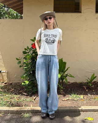 Washed design wide denim pants