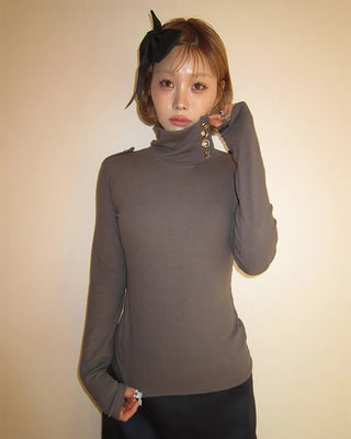 Button stand neck ribbed slim long T-shirt