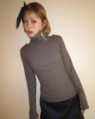 Button stand neck ribbed slim long T-shirt