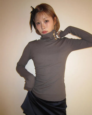 Button stand neck ribbed slim long T-shirt