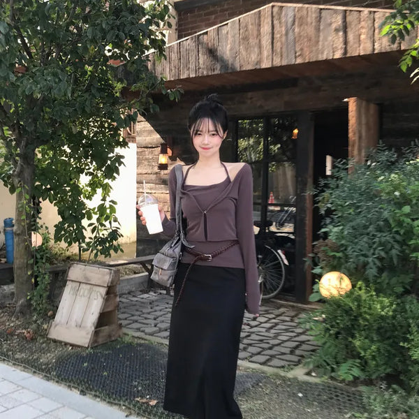 Slit elastic waist long skirt