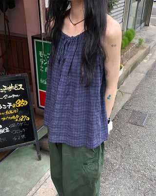 Checked shirred sleeveless blouse