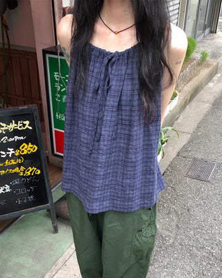 Checked shirred sleeveless blouse