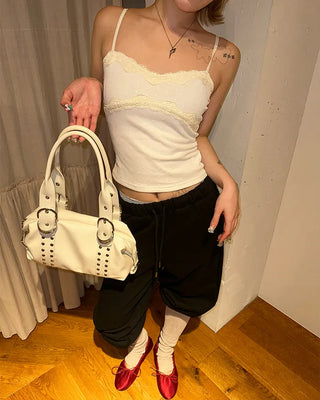 Double rivet belt leather tote bag