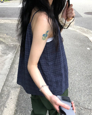 Checked shirred sleeveless blouse