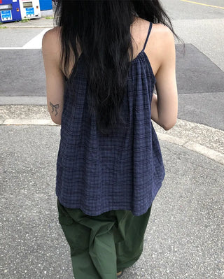 Checked shirred sleeveless blouse