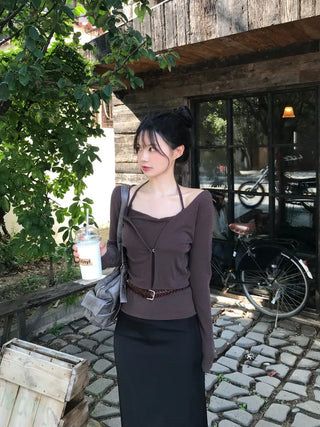 Slit elastic waist long skirt
