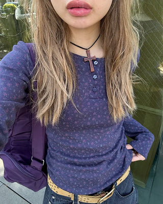 Flower Henley Neck Pointelle Long T-Shirt